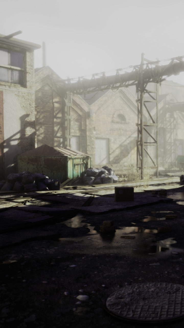 Urban area with abandoned buildings and scattered debris in early morning light
