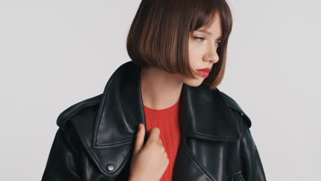 shy woman posing in studio