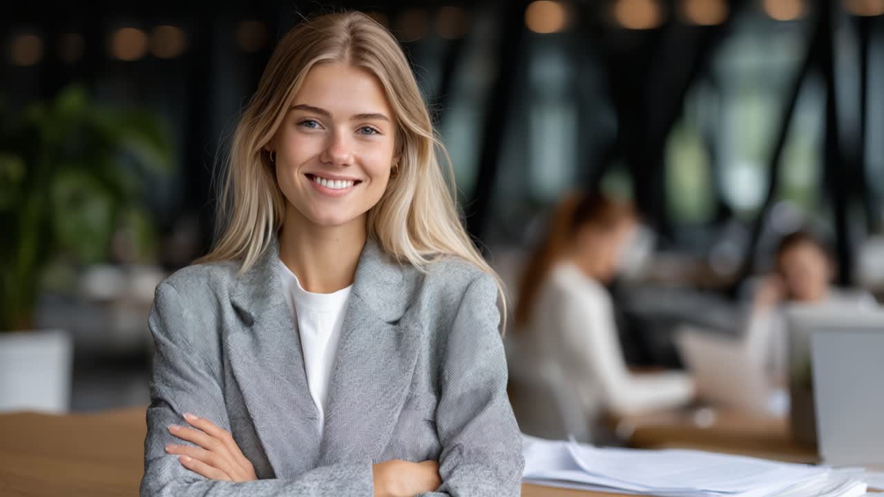 Un giovane professionista sicuro di sé sorride in un ufficio moderno, sottolineando positività e lavoro di squadra con un focus su collaborazione e successo sul luogo di lavoro
