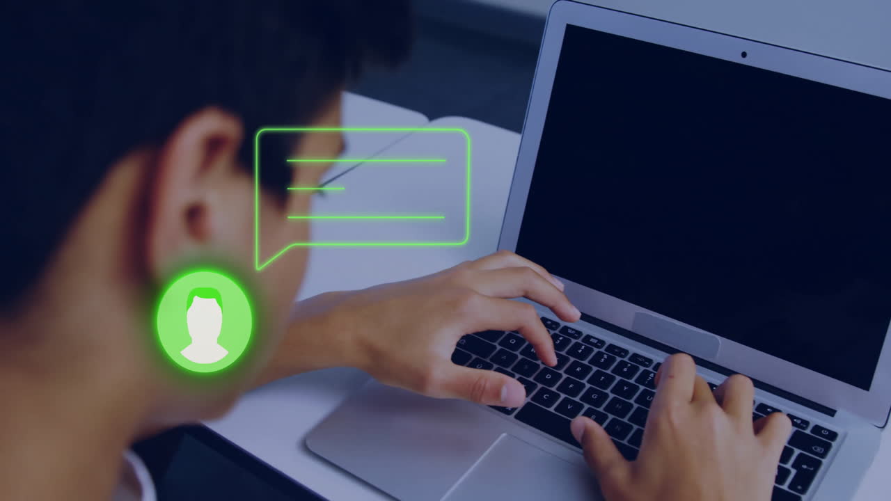 Typing on laptop, person using animation with digital communication icons in school