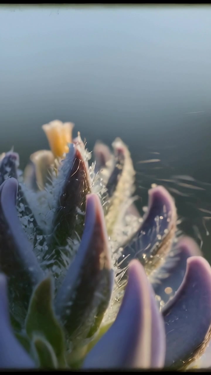 Vertikal video: Skiftende kamera på makro af håret knop med lilla spidser, støvfang og glimtende dug.