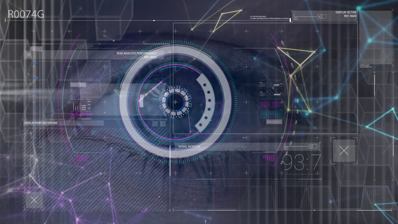 Animation of screen with diverse data over eye