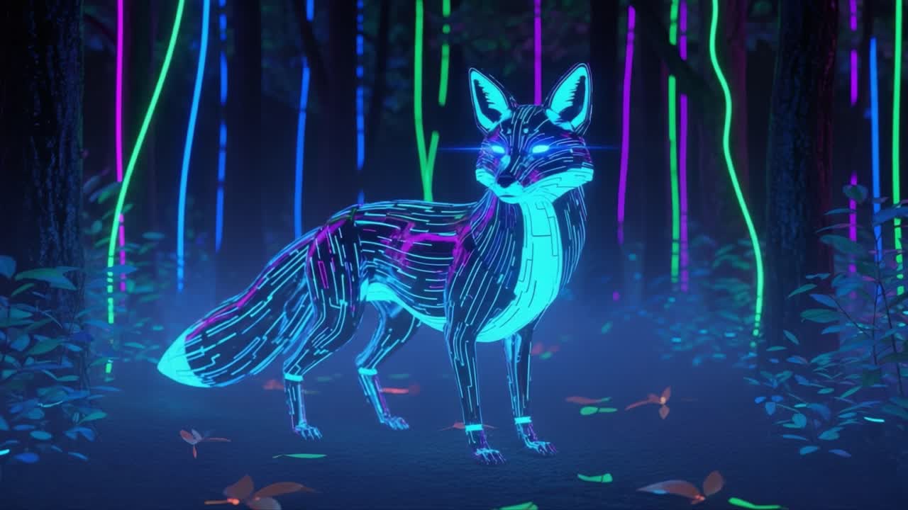 Una volpe al neon futuristica in una foresta luminosa: Esplorando l'intersezione tra natura e tecnologia in un vivido paesaggio digitale