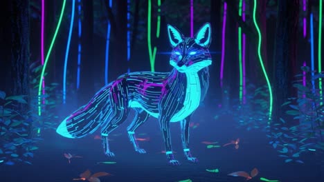 a futuristic neon fox in a glowing forest: exploring the intersection of nature and technology in a vivid digital landscape