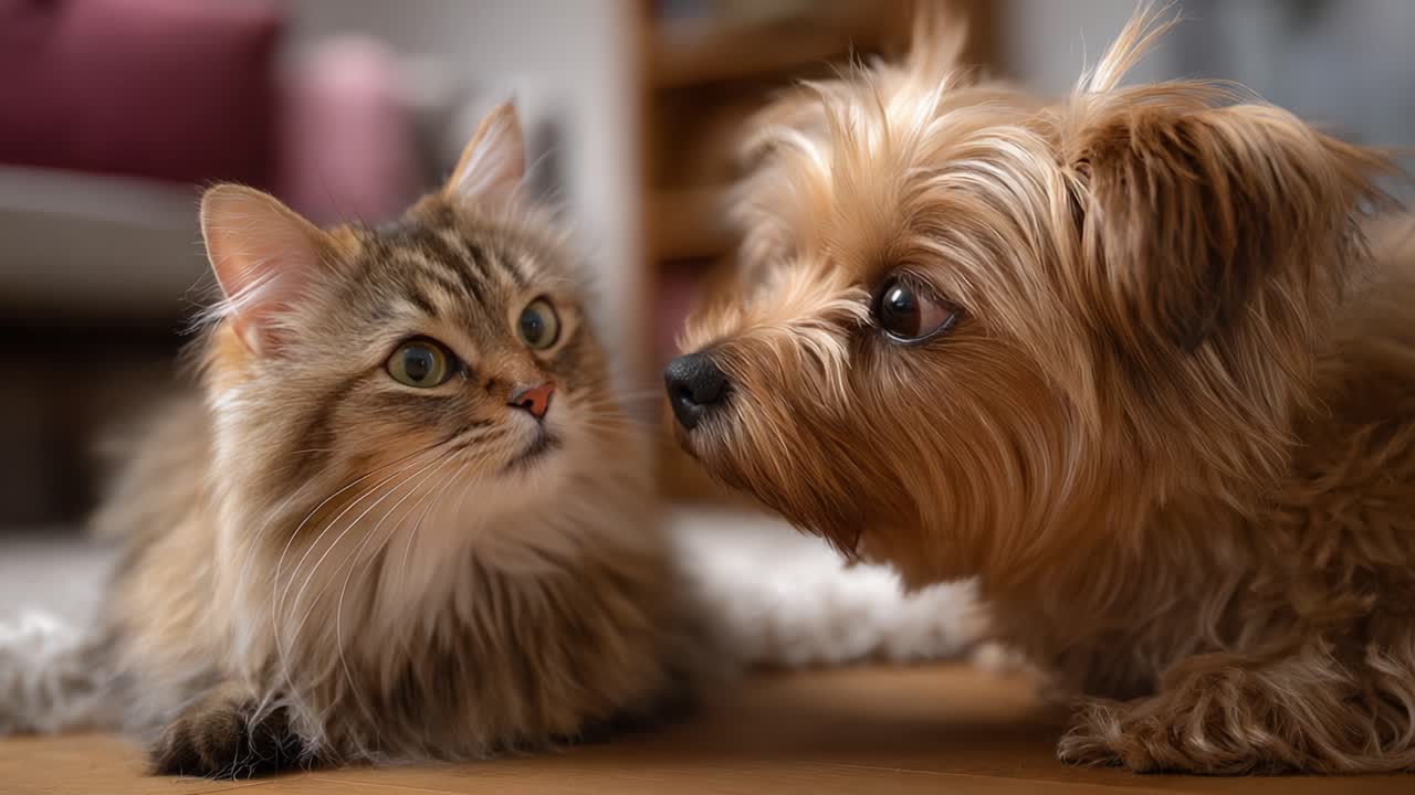 Captivating Moment: A Cat and Dog Gaze Intently at Each Other, Capturing the Essence of Friendship and Curiosity in a Warm, Cozy Environment