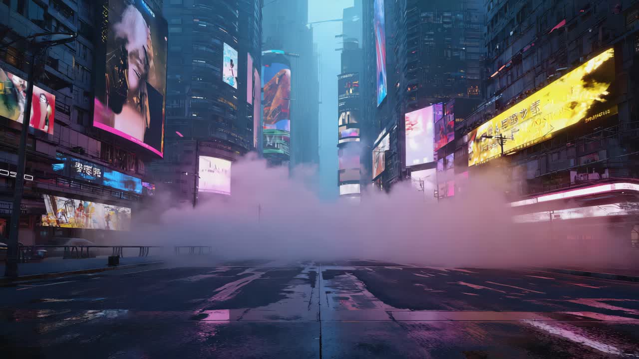 Cyberpunk cityscape with neon lights and fog