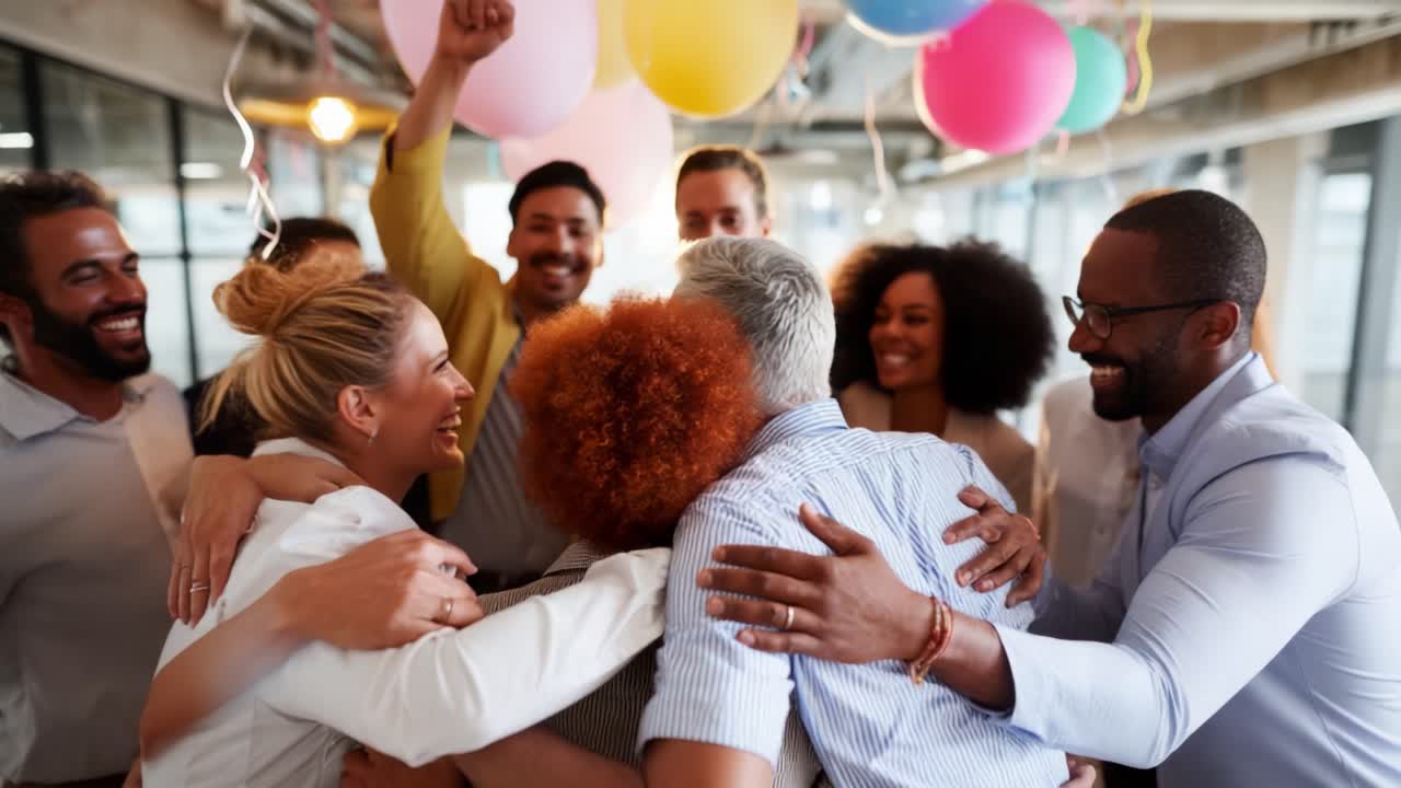 Celebrating Together: A Joyful Group Gathering of Friends and Colleagues Sharing Laughter, Embraces, and Happy Moments Under Colorful Balloons in a Bright Space