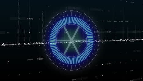 animación del escáner redondo de neón y procesamiento de datos contra un fondo negro.