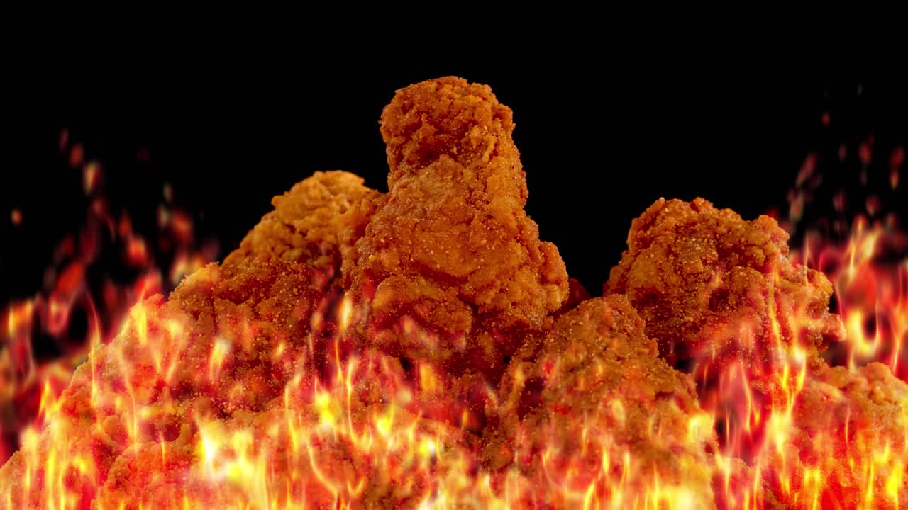 Three crispy fried chicken drumsticks are enveloped by intense, animated flames against a black background, with dynamic fiery movement and vivid color contrast