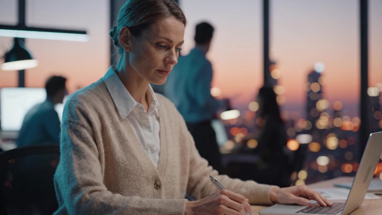 Focused professional woman working at a modern office desk during sunset, jotting down notes and reviewing content on her laptop in a busy urban environment.
