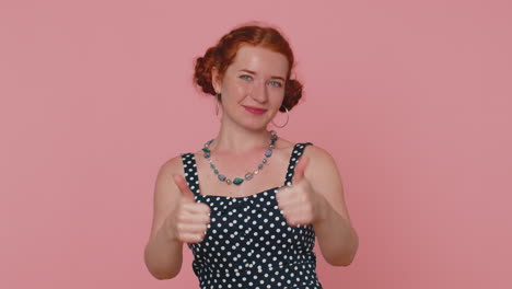 Redhead-ginger-stylish-woman-girl-showing-thumbs-up-and-nodding-in-approval,-successful-good-work