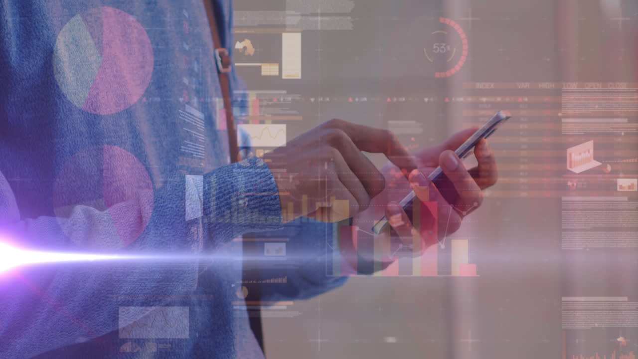 스마트폰을 사용하는 백인 남자의 손 위의 그래프의 애니메이션