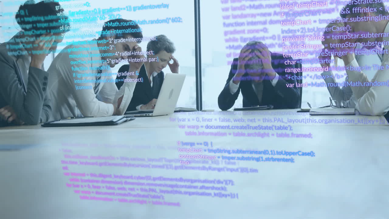 사무실에서 스트레스를 받는 다양한 사업가들에 대한 금융 데이터 처리의 애니메이션