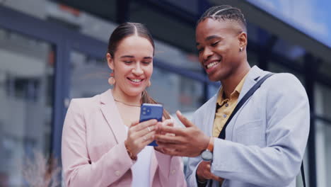 business people, friends and laughing with phone