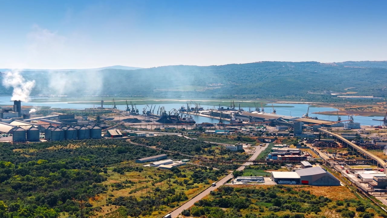 Elevated aerial perspective of industrial zone near green forest. Dense green trees border an industrial port with storage silos and shipping cranes along water.
