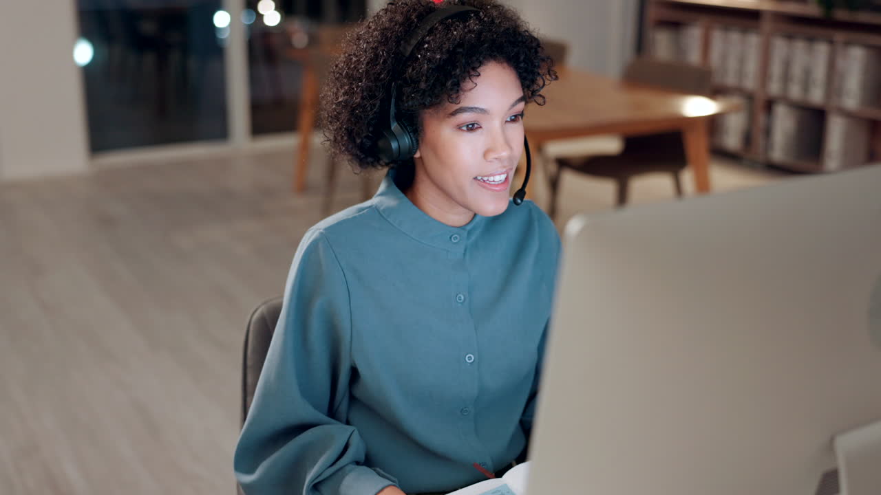 Business woman, video and call center on computer