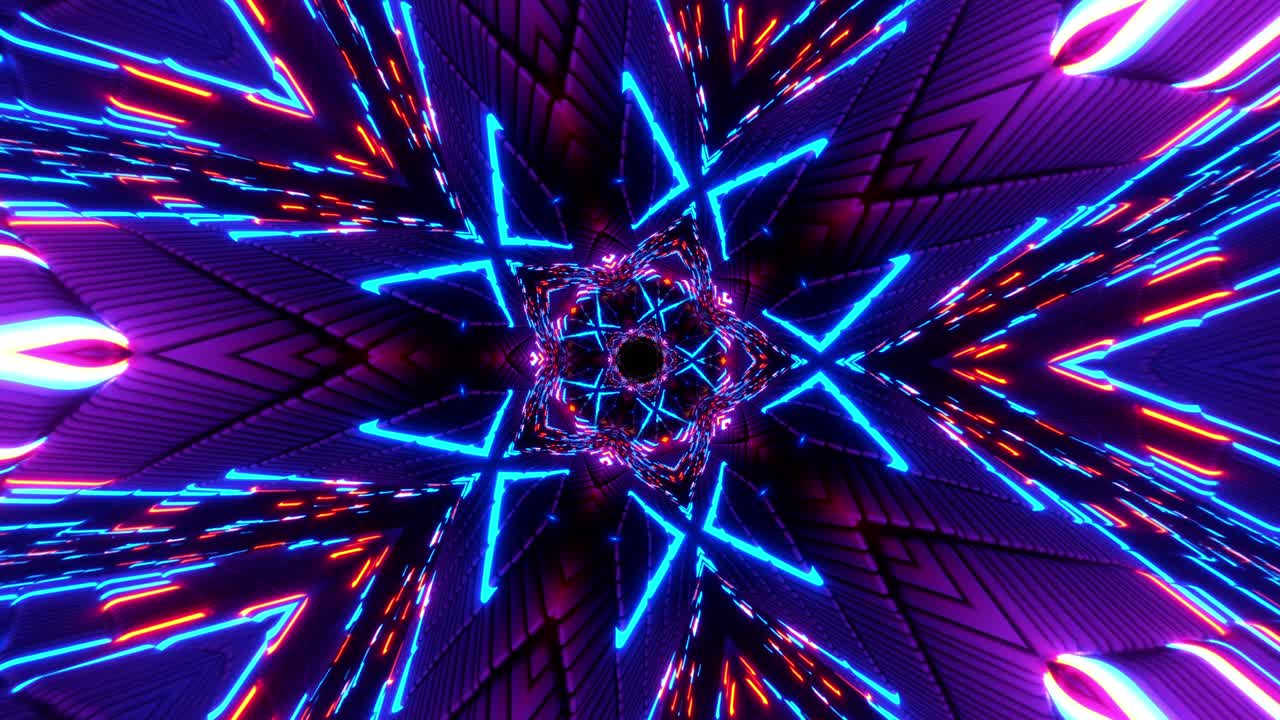 bucle infinito túnel giratorio colorido de luces de neón brillantes. sectores de túnel digital abstracto de 4k. pared de led colorida y animación giratoria de brillo de luz. bucle geométrico vj. fondo tecnológico