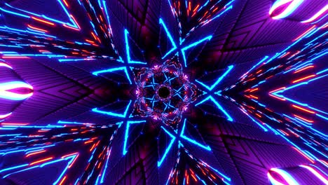 bucle infinito túnel giratorio colorido de luces de neón brillantes. sectores de túnel digital abstracto de 4k. pared de led colorida y animación giratoria de brillo de luz. bucle geométrico vj. fondo tecnológico