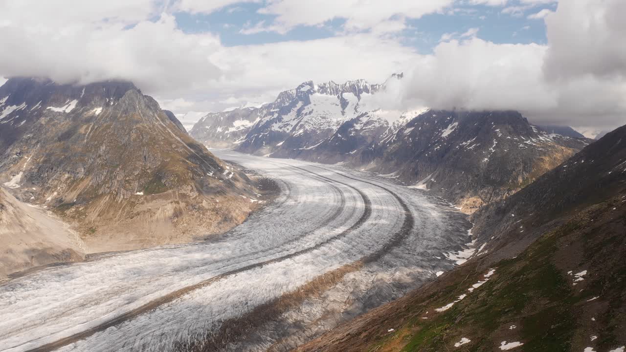 A stunning view of Aletsch Arena, showcasing a vast glacier winding through mountains