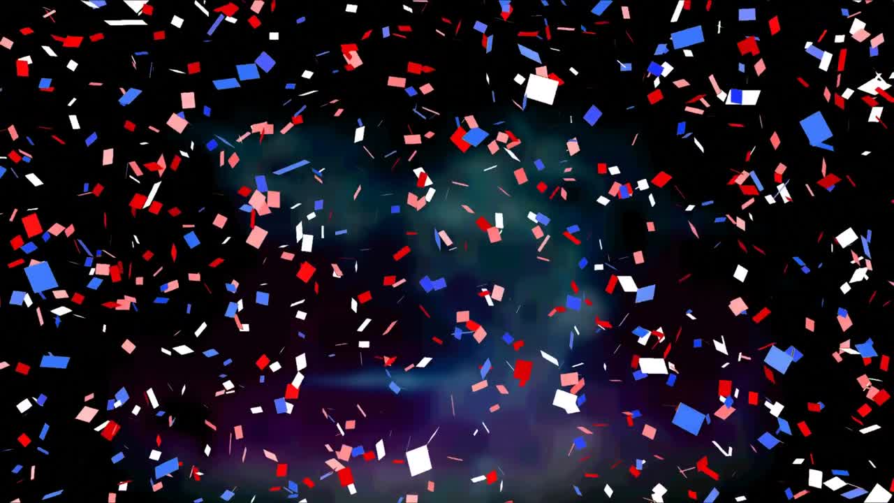 Animation of red, white and blue confetti falling on dark background