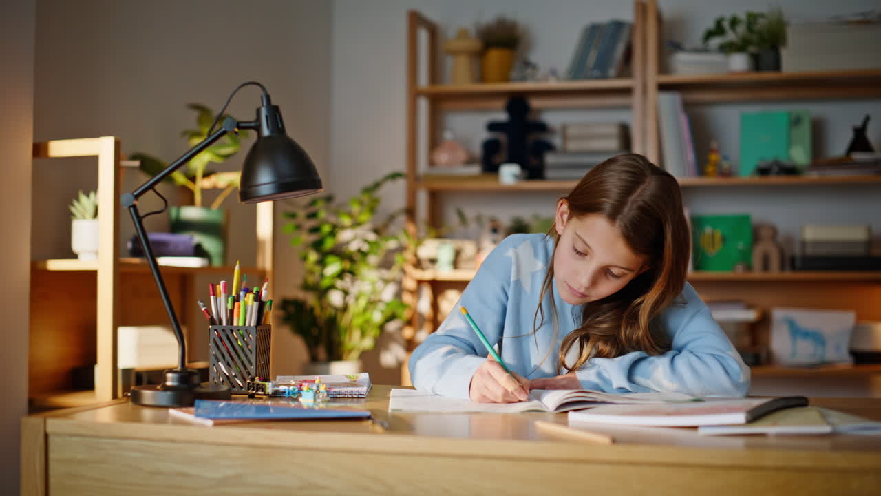 Smiling schoolgirl learning subject sitting home closeup. Girl thinking lesson