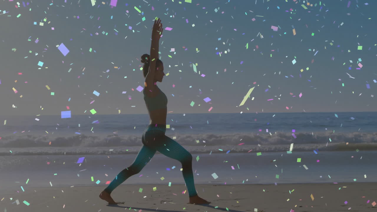 Person practicing yoga on beach with colorful confetti animation overlay