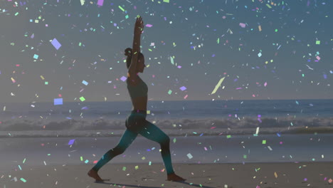 person practicing yoga on beach with colorful confetti animation overlay