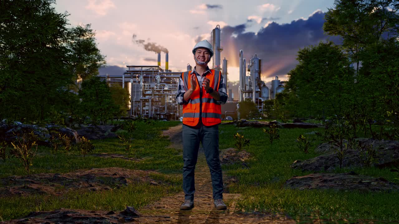 Full Body Of Asian Male Engineer With Safety Helmet Smiling And Clapping His Hands While Standing In Front Of Oil Refinery