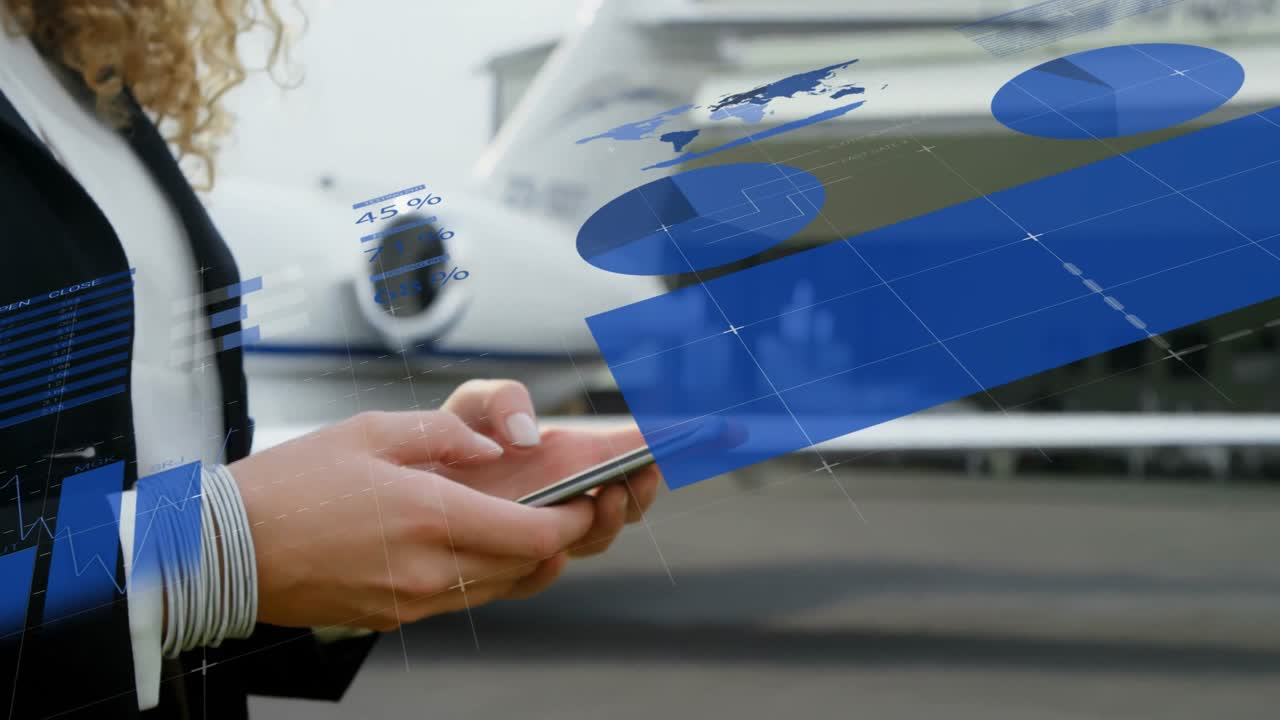 Una donna d'affari che alza le mani e tocca lo smartphone, generando un grafico a barre e a torta sull'aviazione sul piazzale.