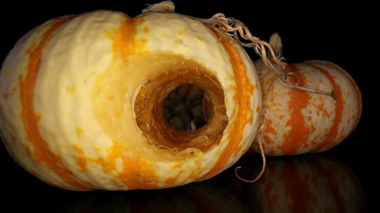 Slowly moving towards one decorative gourd with multi-stranded stem in view and another in background on the right