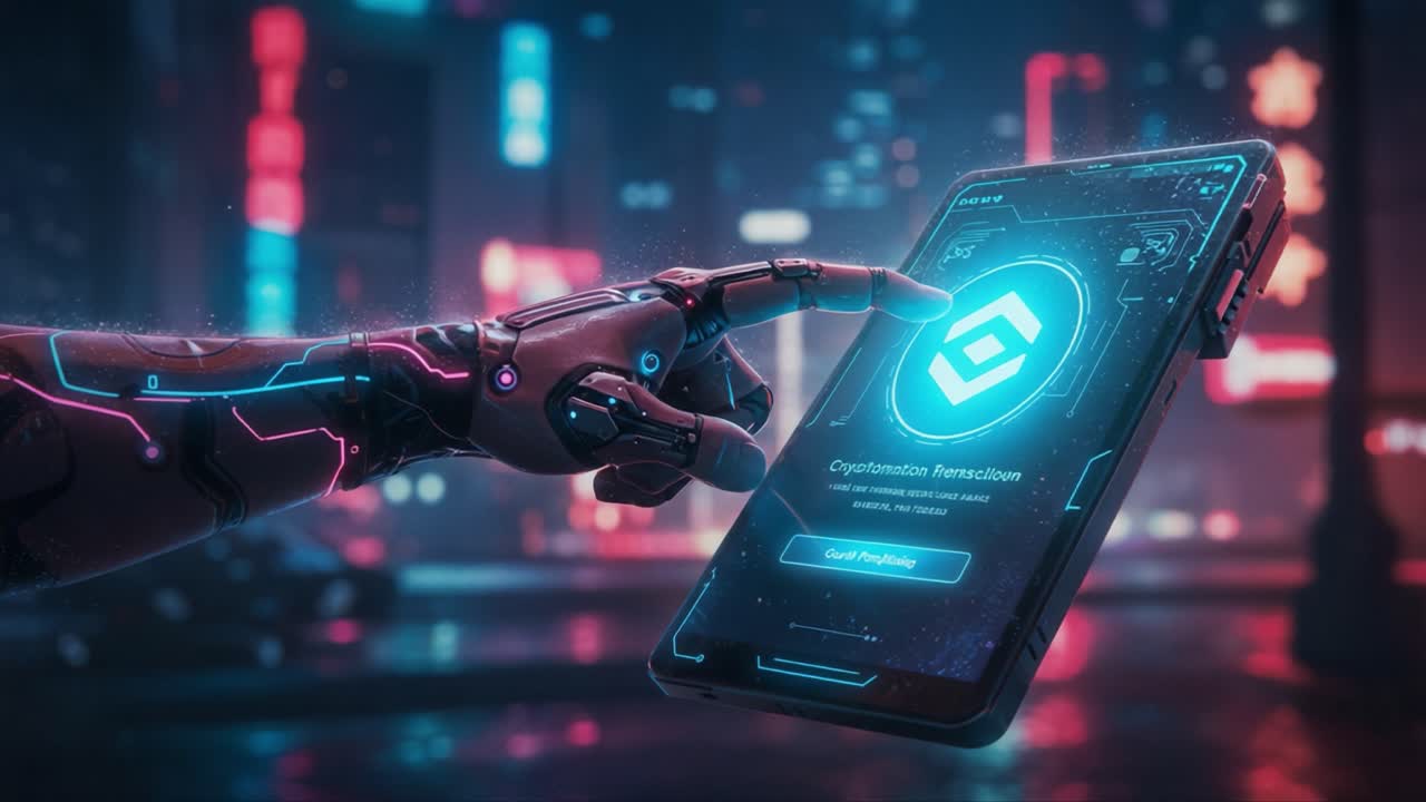 A Futuristic Robot Hand Interacting with a High-Tech Smartphone Displaying a Cryptocurrency Interface in a Neon Cityscape at Night