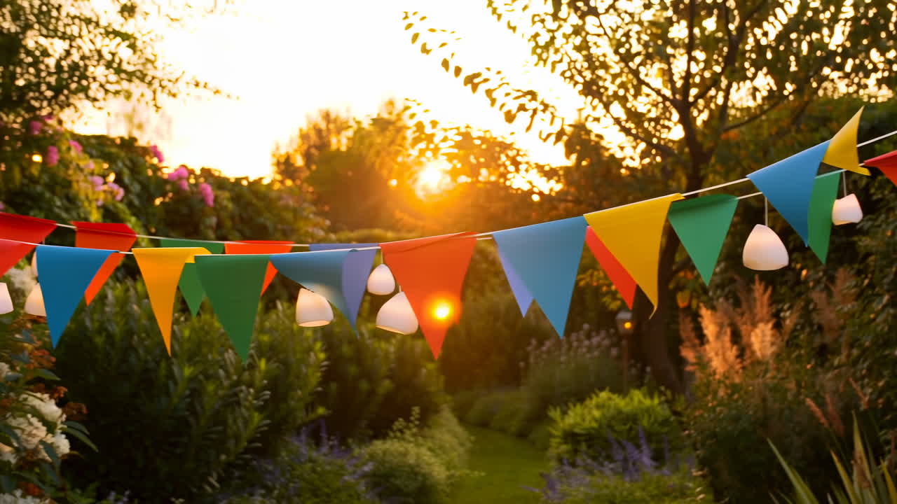 Banderines y guirnaldas de luces de colores en un jardín al atardecer
