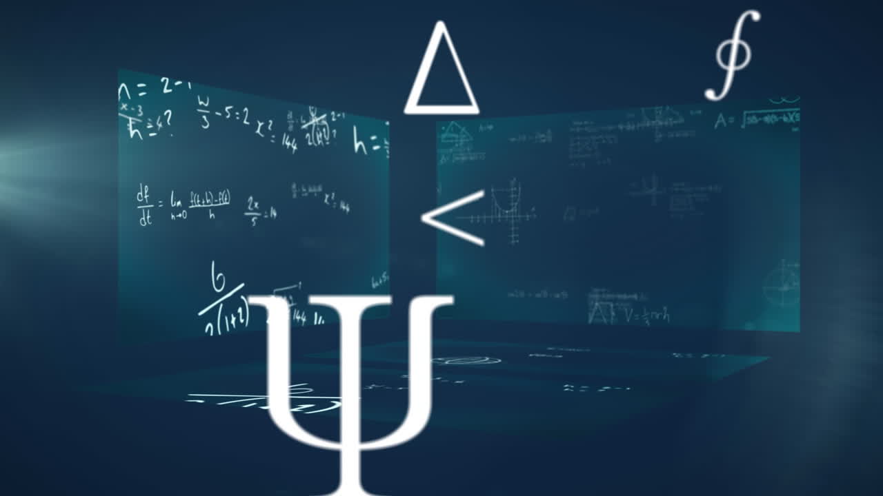 Animation of mathematical formulae floating and written on three boards background
