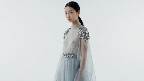 A Captivating Fashion Display: Ethereal Elegance and Modern Design Merge in a Stunning Dress Featuring Delicate Embellishments and Flowing Silhouette