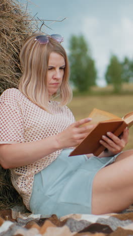 mujer joven sentada en una manta, apoyada en una bala de heno, volviendo pensativamente las páginas del libro, las piernas cruzadas, cuaderno verde a su lado en la hierba