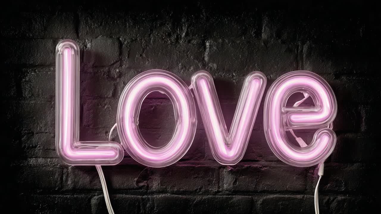 Glowing Neon Sign Featuring the Word 'Love' in a Pink Hue Against a Black Textured Background, Capturing the Essence of Affection and Warmth