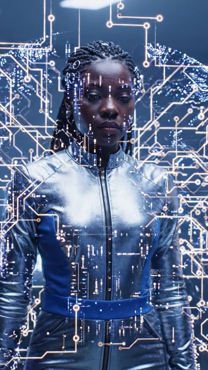 A Futuristic Character Interacting with Advanced Holographic Technology, Showcasing a Blend of Human Emotion and Digital Innovation in a High-Tech Environment