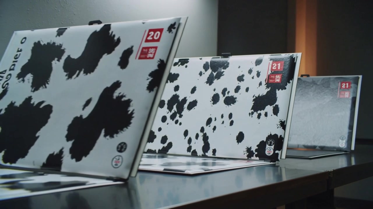 Panning camera revealing three printed panels leaning on metal table, exposing labels 20 and 21