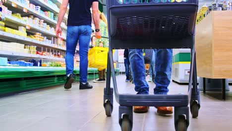 shopping experience: navigating aisles with a cart in a grocery store, focusing on the journey towards fresh products and healthy choices