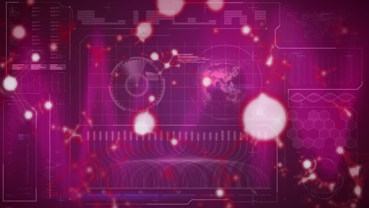 Animation of molecules over data processing on purple background