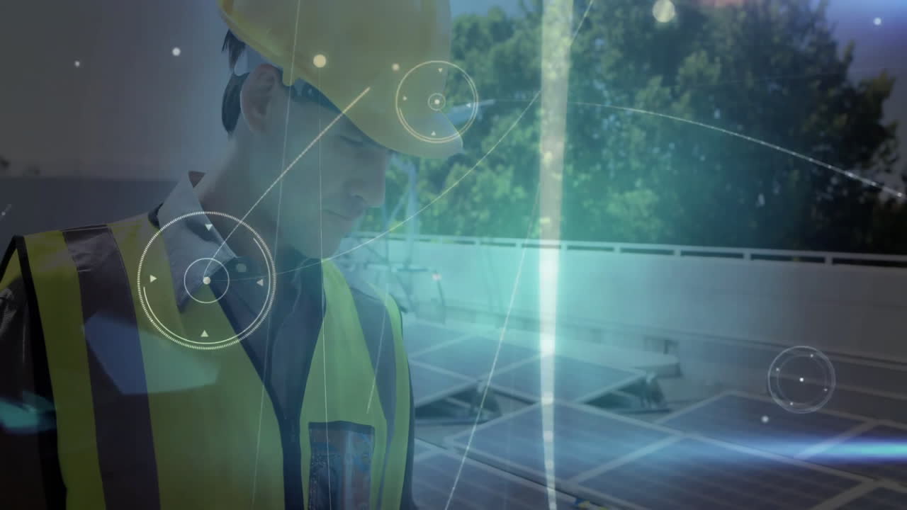 Technician inspecting rooftop solar panels, with animated network lines visualizing energy data