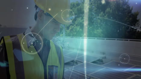 technician inspecting rooftop solar panels, with animated network lines visualizing energy data