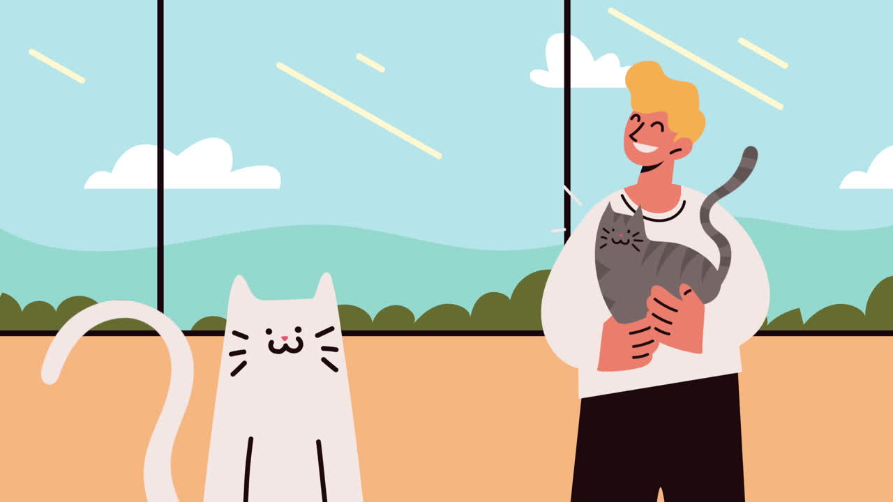 창문 근처에 고양이를 들고 있는 남자