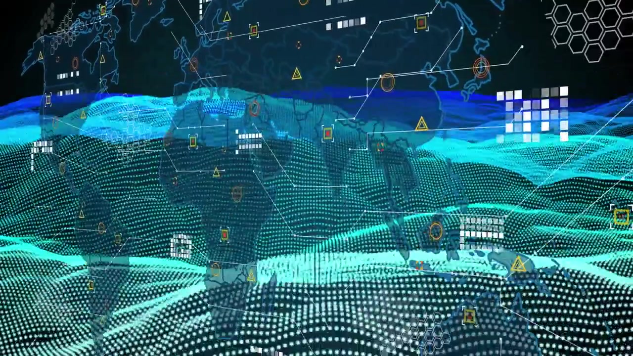 Animation of world map over waves on black background
