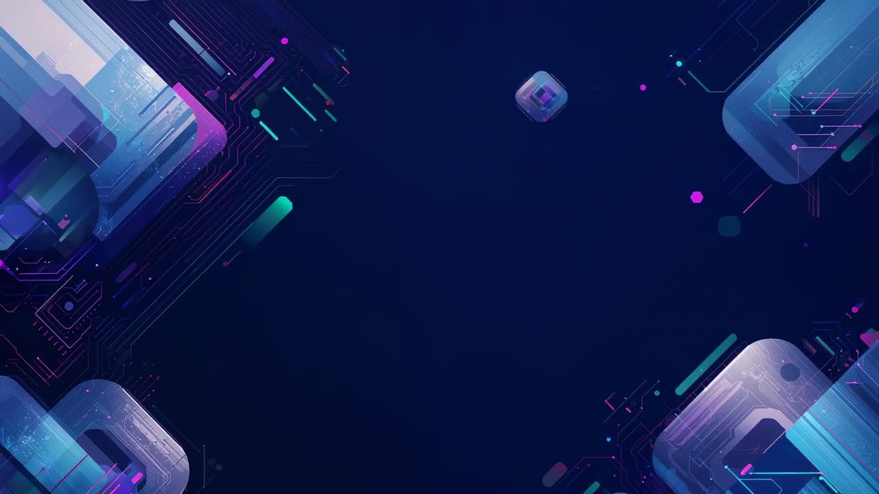 Starting playback central navy space staying empty in UI for overlay, drifting cube pulsing corners