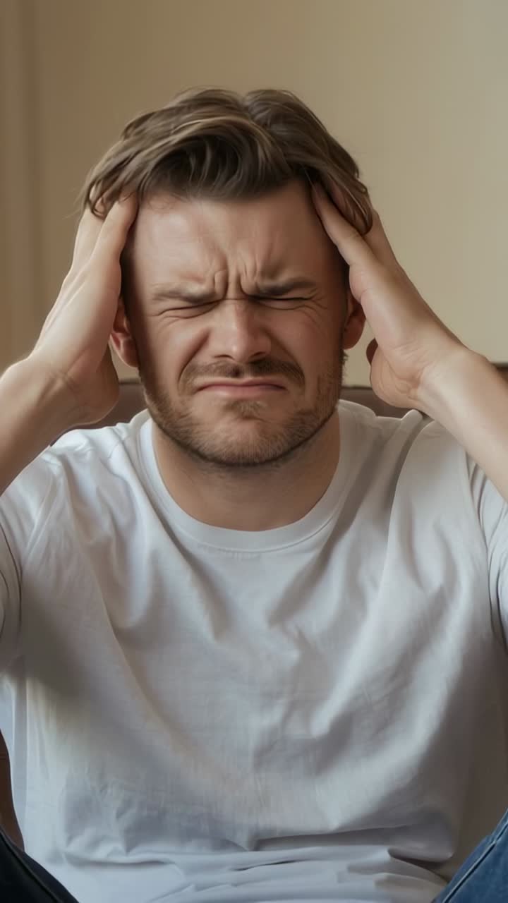 Vertical video: Experiencing headache man pressing temples, leaning back on sofa in living room