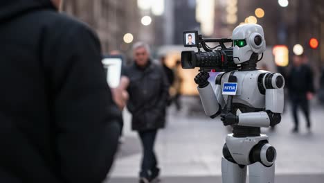 a futuristic robot filming in a bustling urban environment, capturing human interactions and city life with high-tech equipment and precision