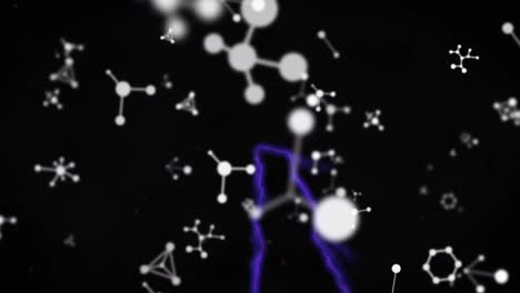 Animación-De-Corriente-Eléctrica-Violeta-Brillante-Sobre-Estructuras-Moleculares-Blancas-Sobre-Fondo-Negro.