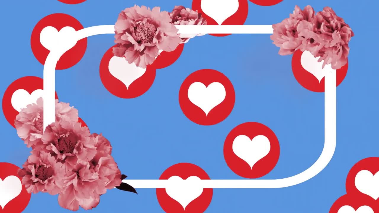 파란 바탕에 떠다니는 빨간 심장 아이콘 위에 복사 공간과 함께 꽃 배너의 애니메이션
