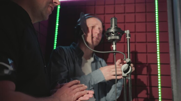 Close-up of two people in a soundproof recording studio, mid-performance with hands clapping expressively. One wears a blue shirt and white undershirt, as they sing passionately into a microphone